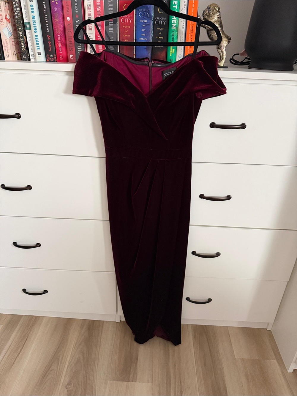 Xscape One-Shoulder Velvet Gown in Deep Burgundy